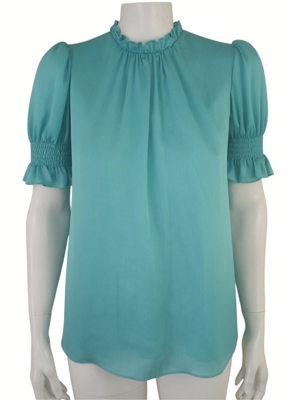 Trina Turk Sunrise Top Turquoise Satin Womens S Ruffle Neck Smocked Puff Sleeve